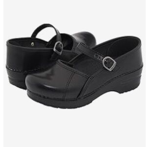 Dansko Marcelle Mary Jane style clogs in black cabrio.